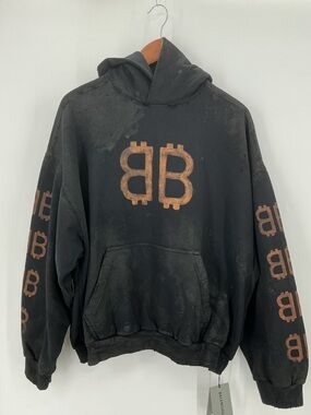 Balenciaga Crypto BB Logo Distressed Hoodie Black Unisex Size S NWT